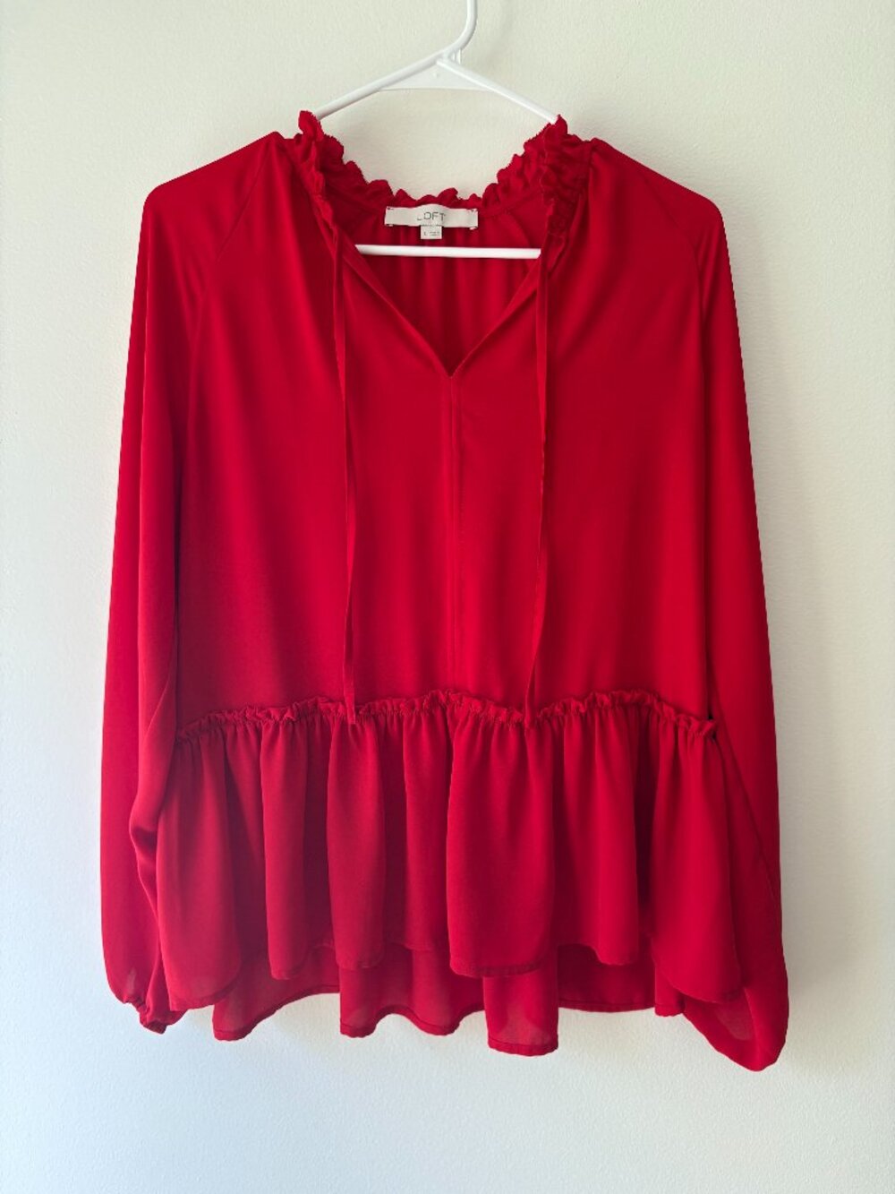 LOFT Red Ruffle Mock Neck Peplum Long Sleeve Blouse - Size S
